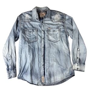 Rafter C Men's Western Shirt Size L Light Wash Blue Pearl Snap‎ Long Sleeve